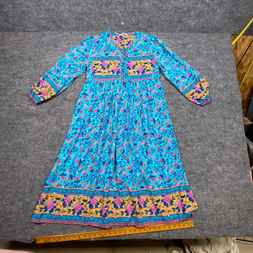 R.Vivimos Floral Boho Midi Dress Turquoise Blue Yellow Tassel Model 158 Small